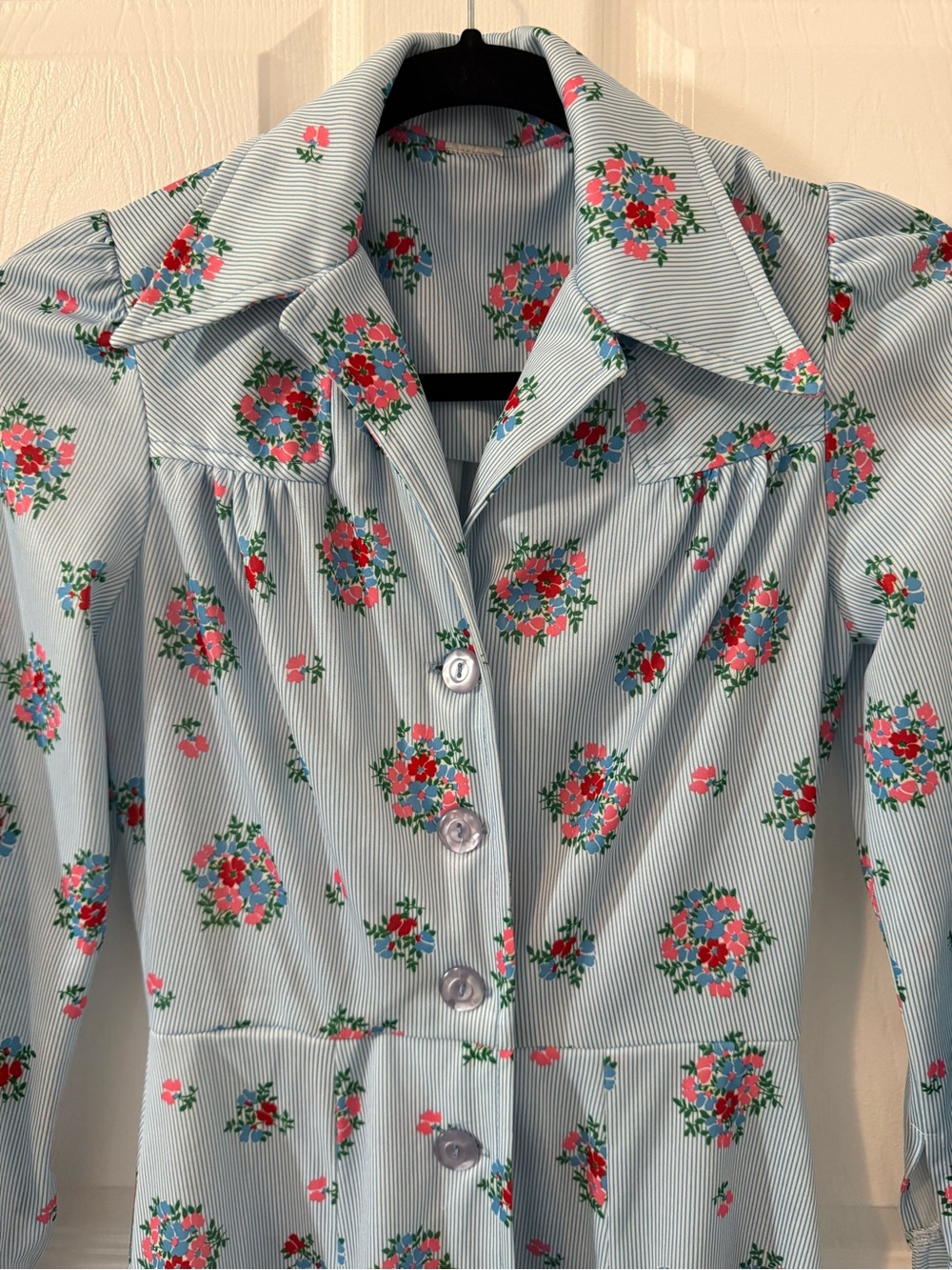 Vintage Light Blue Floral Button-Front Dress